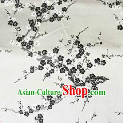 Asian Chinese Traditional Embroidery Black Plum Blossom White Silk Fabric, Top Grade Brocade Embroidered Tang Suit Hanfu Dress Fabric Cheongsam Cloth Material