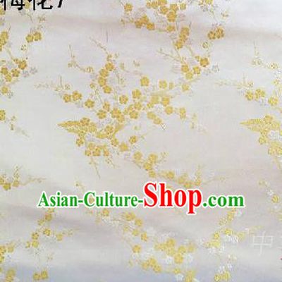 Asian Chinese Traditional Embroidery Golden Plum Blossom White Silk Fabric, Top Grade Brocade Embroidered Tang Suit Hanfu Dress Fabric Cheongsam Cloth Material