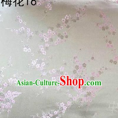 Asian Chinese Traditional Embroidery Pink Plum Blossom White Silk Fabric, Top Grade Brocade Embroidered Tang Suit Hanfu Dress Fabric Cheongsam Cloth Material