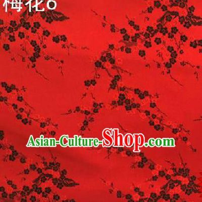 Asian Chinese Traditional Embroidery Black Plum Blossom Red Silk Fabric, Top Grade Brocade Embroidered Tang Suit Hanfu Dress Fabric Cheongsam Cloth Material