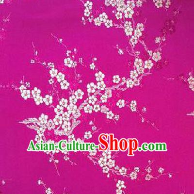Asian Chinese Traditional Embroidery White Plum Blossom Rosy Silk Fabric, Top Grade Brocade Embroidered Tang Suit Hanfu Dress Fabric Cheongsam Cloth Material