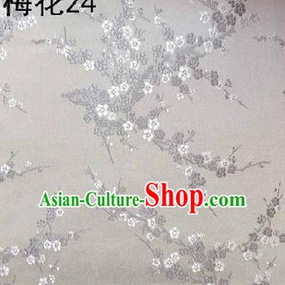 Asian Chinese Traditional Embroidery Grey Plum Blossom White Silk Fabric, Top Grade Brocade Embroidered Tang Suit Hanfu Dress Fabric Cheongsam Cloth Material