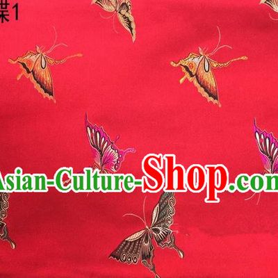 Asian Chinese Traditional Printing Colorful Butterfly Red Silk Fabric, Top Grade Brocade Satin Tang Suit Hanfu Dress Fabric Cheongsam Cloth Material