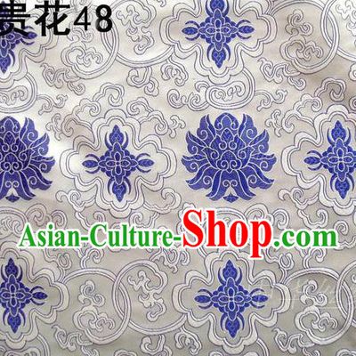 Asian Chinese Traditional Blue Riches and Honour Flowers White Embroidered Silk Fabric, Top Grade Arhat Bed Brocade Satin Tang Suit Hanfu Dress Fabric Cheongsam Cloth Material