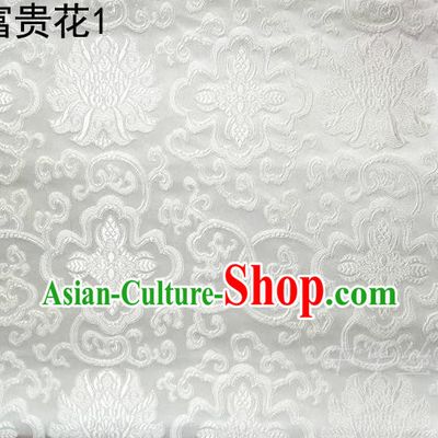 Asian Chinese Traditional Riches and Honour Flowers White Embroidered Silk Fabric, Top Grade Arhat Bed Brocade Satin Tang Suit Hanfu Dress Fabric Cheongsam Cloth Material