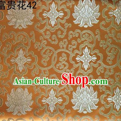 Asian Chinese Traditional White Riches and Honour Flowers Embroidered Golden Silk Fabric, Top Grade Arhat Bed Brocade Satin Tang Suit Hanfu Dress Fabric Cheongsam Cloth Material