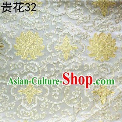 Asian Chinese Traditional Golden Riches and Honour Flowers Embroidered White Silk Fabric, Top Grade Arhat Bed Brocade Satin Tang Suit Hanfu Dress Fabric Cheongsam Cloth Material