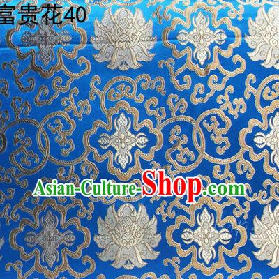 Asian Chinese Traditional Golden Riches and Honour Flowers Embroidered Blue Silk Fabric, Top Grade Arhat Bed Brocade Satin Tang Suit Hanfu Dress Fabric Cheongsam Cloth Material