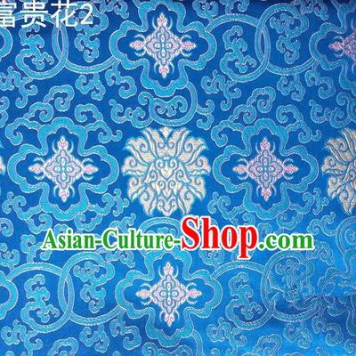 Asian Chinese Traditional White Riches and Honour Flowers Embroidered Blue Silk Fabric, Top Grade Arhat Bed Brocade Satin Tang Suit Hanfu Dress Fabric Cheongsam Cloth Material