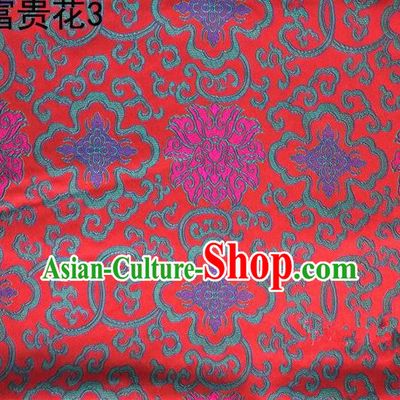 Asian Chinese Traditional Purple Riches and Honour Flowers Embroidered Red Silk Fabric, Top Grade Arhat Bed Brocade Satin Tang Suit Hanfu Dress Fabric Cheongsam Cloth Material