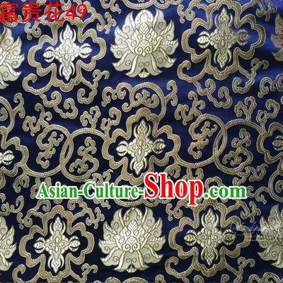 Asian Chinese Traditional Golden Riches and Honour Flowers Embroidered Royalblue Silk Fabric, Top Grade Arhat Bed Brocade Satin Tang Suit Hanfu Dress Fabric Cheongsam Cloth Material