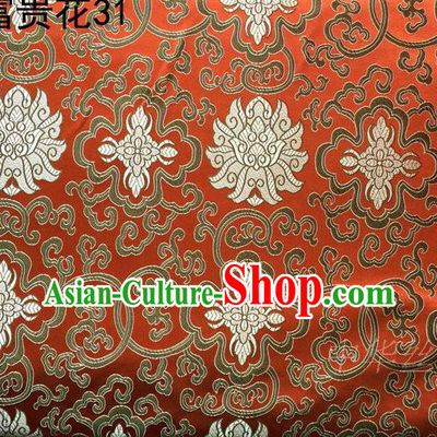 Asian Chinese Traditional Golden Riches and Honour Flowers Embroidered Orange Silk Fabric, Top Grade Arhat Bed Brocade Satin Tang Suit Hanfu Dress Fabric Cheongsam Cloth Material