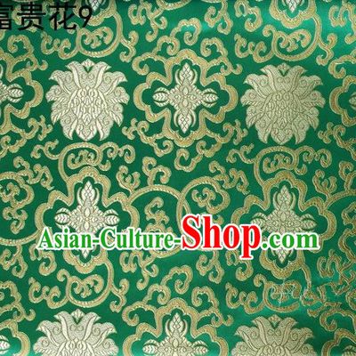 Asian Chinese Traditional Golden Riches and Honour Flowers Embroidered Green Silk Fabric, Top Grade Arhat Bed Brocade Satin Tang Suit Hanfu Dress Fabric Cheongsam Cloth Material