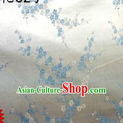 Asian Chinese Traditional Embroidery Blue Plum Blossom White Silk Fabric, Top Grade Brocade Embroidered Tang Suit Hanfu Dress Fabric Cheongsam Cloth Material