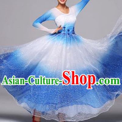 Chinese Classic Stage Performance Dance Costumes, Opening Dance Competition Blue Dress, Folk Dance Classic Big Swing Clothing for Women