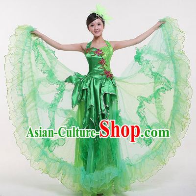 Chinese Classic Stage Performance Dance Costumes, Opening Dance Jasmine Flower Green Dress, Folk Dance Classic Big Swing Clothing for Women