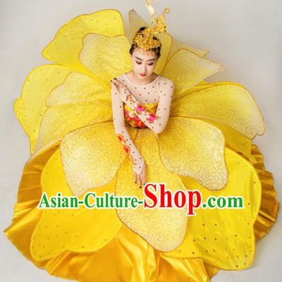 Chinese Classic Stage Performance Dance Costumes, Opening Dance Folk Dance Classic Big Swing Yellow Dress for Women