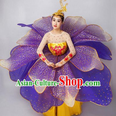 Chinese Classic Stage Performance Dance Costumes, Opening Dance Folk Dance Classic Big Swing Purple Dress for Women