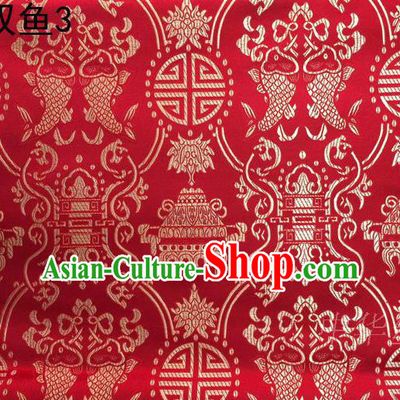 Asian Chinese Traditional Embroidery Golden Longevity Red Satin Silk Fabric, Top Grade Brocade Tang Suit Hanfu Princess Dress Fabric Cheongsam Mattress Cloth Material