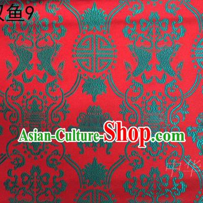 Asian Chinese Traditional Embroidery Green Longevity Red Satin Silk Fabric, Top Grade Brocade Tang Suit Hanfu Princess Dress Fabric Cheongsam Mattress Cloth Material