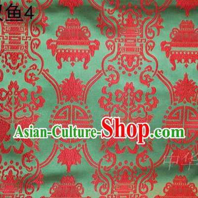 Asian Chinese Traditional Embroidery Red Longevity Green Satin Silk Fabric, Top Grade Brocade Tang Suit Hanfu Princess Dress Fabric Cheongsam Mattress Cloth Material