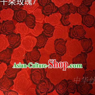 Asian Chinese Traditional Jacquard Weave Rose Flowers Wine Red Satin Mulberry Silk Fabric, Top Grade Brocade Tang Suit Hanfu Princess Dress Fabric Cheongsam Cloth Material
