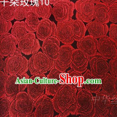 Asian Chinese Traditional Jacquard Weave Rose Flowers Purplish Red Satin Mulberry Silk Fabric, Top Grade Brocade Tang Suit Hanfu Princess Dress Fabric Cheongsam Cloth Material