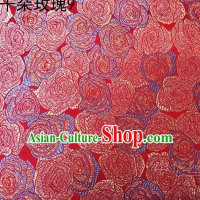 Asian Chinese Traditional Jacquard Weave Golden Rose Flowers Red Satin Mulberry Silk Fabric, Top Grade Brocade Tang Suit Hanfu Princess Dress Fabric Cheongsam Cloth Material