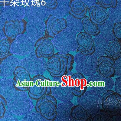 Asian Chinese Traditional Jacquard Weave Rose Flowers Blue Satin Mulberry Silk Fabric, Top Grade Brocade Tang Suit Hanfu Princess Dress Fabric Cheongsam Cloth Material