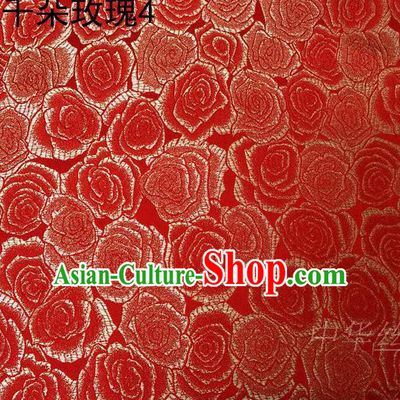 Asian Chinese Traditional Jacquard Weave Rose Flowers Red Satin Mulberry Silk Fabric, Top Grade Brocade Tang Suit Hanfu Princess Dress Fabric Cheongsam Cloth Material