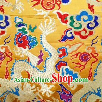 Asian Chinese Traditional Embroidered Dragon Golden Satin Silk Fabric, Top Grade Brocade Tang Suit Hanfu Dragon Robes Dress Fabric Cheongsam Cloth Material