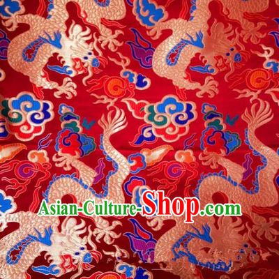 Asian Chinese Traditional Embroidered Dragon Red Satin Silk Fabric, Top Grade Brocade Tang Suit Hanfu Dragon Robes Dress Fabric Cheongsam Cloth Material