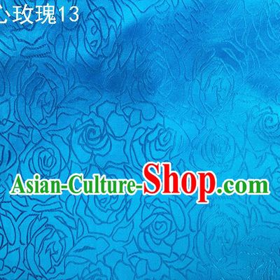 Asian Chinese Traditional Jacquard Weave Rose Flowers Blue Satin Silk Fabric, Top Grade Brocade Tang Suit Hanfu Coat Dress Fabric Cheongsam Cloth Material