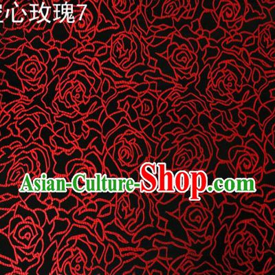 Asian Chinese Traditional Jacquard Weave Embroidered Red Rose Flowers Black Satin Silk Fabric, Top Grade Brocade Tang Suit Hanfu Coat Dress Fabric Cheongsam Cloth Material