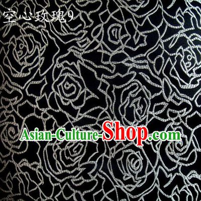 Asian Chinese Traditional Jacquard Weave Embroidered White Rose Flowers Black Satin Silk Fabric, Top Grade Brocade Tang Suit Hanfu Coat Dress Fabric Cheongsam Cloth Material