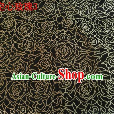 Asian Chinese Traditional Jacquard Weave Embroidered Golden Rose Flowers Black Satin Silk Fabric, Top Grade Brocade Tang Suit Hanfu Coat Dress Fabric Cheongsam Cloth Material
