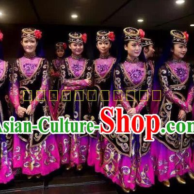 Traditional Chinese Uyghur Nationality Dancing Costume, Chinese Minority Nationality Uigurian Purple Dance Dress for Women