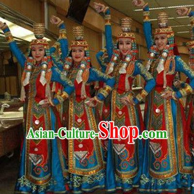 Traditional Chinese Mongol Nationality Dancing Costume, Mongols Female Folk Dance Ethnic Pleated Skirt, Chinese Mongolian Minority Nationality Embroidery Costume for Women