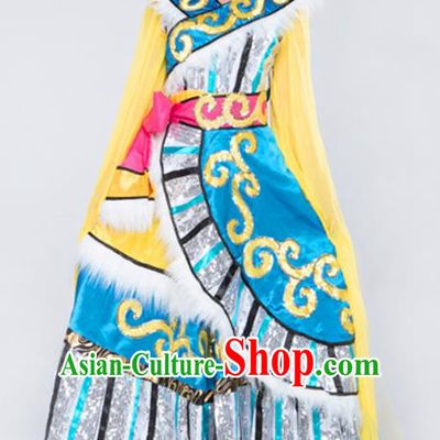 Traditional Chinese Zang Nationality Dancing Costume, Tibetan Female Folk Clothing Embroidery Dress for Women