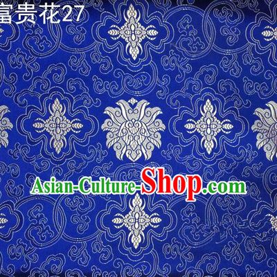 Asian Chinese Traditional White Riches and Honour Flowers Embroidered Royalblue Silk Fabric, Top Grade Arhat Bed Brocade Satin Tang Suit Hanfu Dress Fabric Cheongsam Cloth Material