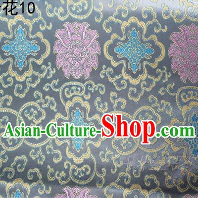 Asian Chinese Traditional Riches and Honour Flowers Embroidered Grey Silk Fabric, Top Grade Arhat Bed Brocade Satin Tang Suit Hanfu Dress Fabric Cheongsam Cloth Material