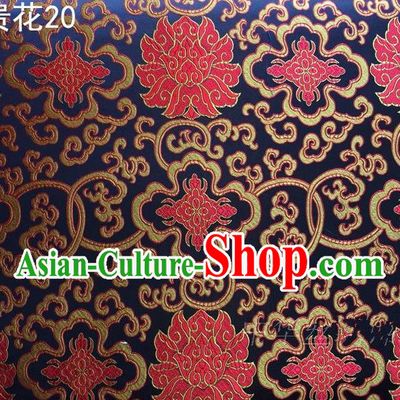 Asian Chinese Traditional Red Riches and Honour Flowers Embroidered Navy Silk Fabric, Top Grade Arhat Bed Brocade Satin Tang Suit Hanfu Dress Fabric Cheongsam Cloth Material
