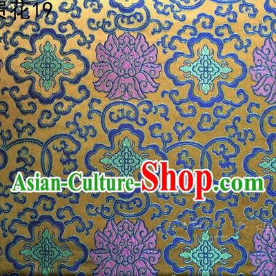 Asian Chinese Traditional Purple Riches and Honour Flowers Embroidered Golden Silk Fabric, Top Grade Arhat Bed Brocade Satin Tang Suit Hanfu Dress Fabric Cheongsam Cloth Material