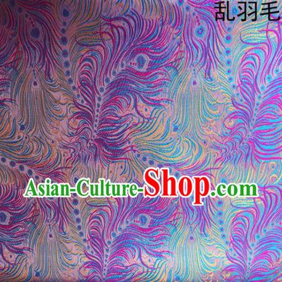 Asian Chinese Traditional Printing Feather Purple Silk Fabric, Top Grade Arhat Bed Brocade Tang Suit Hanfu Dress Fabric Cheongsam Cloth Material
