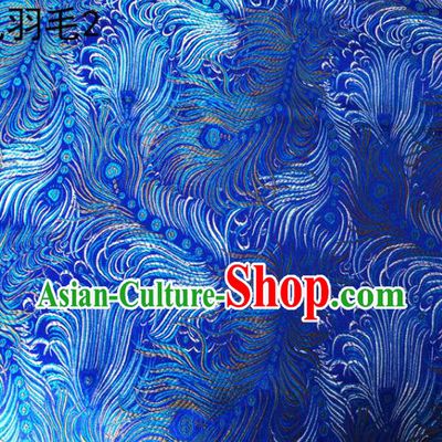 Asian Chinese Traditional Printing Feather Blue Silk Fabric, Top Grade Arhat Bed Brocade Tang Suit Hanfu Dress Fabric Cheongsam Cloth Material