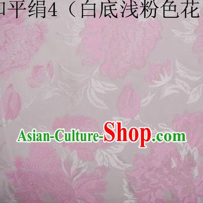 Asian Chinese Traditional Embroidered Pink Flowers White Silk Fabric, Top Grade Arhat Bed Brocade Tang Suit Hanfu Dress Fabric Cheongsam Cloth Material