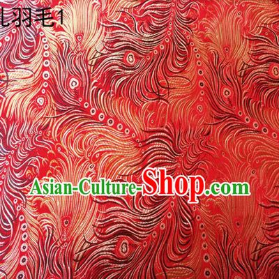 Asian Chinese Traditional Printing Feather Red Silk Fabric, Top Grade Arhat Bed Brocade Tang Suit Hanfu Dress Fabric Cheongsam Cloth Material