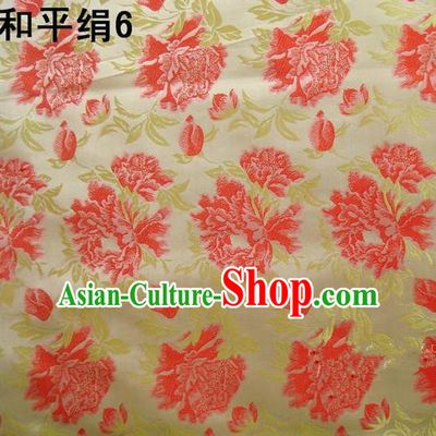 Asian Chinese Traditional Embroidered Red Flowers Golden Silk Fabric, Top Grade Arhat Bed Brocade Tang Suit Hanfu Dress Fabric Cheongsam Cloth Material