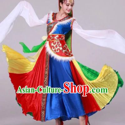 Traditional Chinese Zang Nationality Dancing Costume, Tibetan Folk Dance Ethnic Pleated Skirt, Chinese Minority Nationality Embroidery Costume for Women