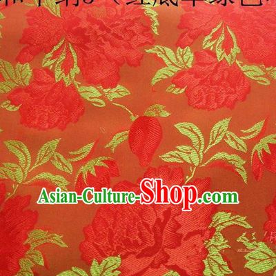 Asian Chinese Traditional Embroidered Red Flowers Orange Silk Fabric, Top Grade Arhat Bed Brocade Tang Suit Hanfu Dress Fabric Cheongsam Cloth Material